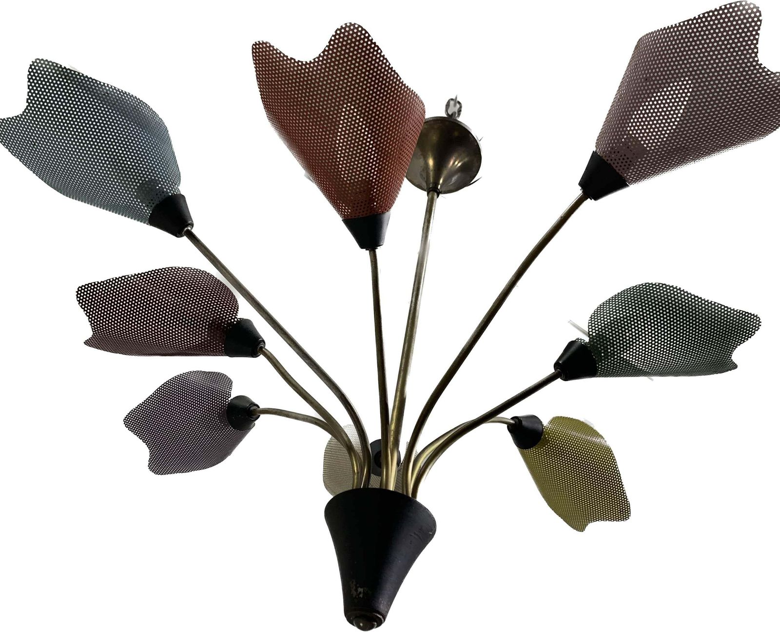 Midcentury Bronze European Chandelier With Perforated Metal Tulips photo Lighting