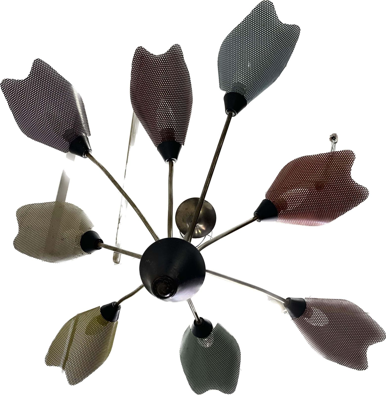 photo for sale Midcentury Bronze European Chandelier With Perforated Metal Tulips