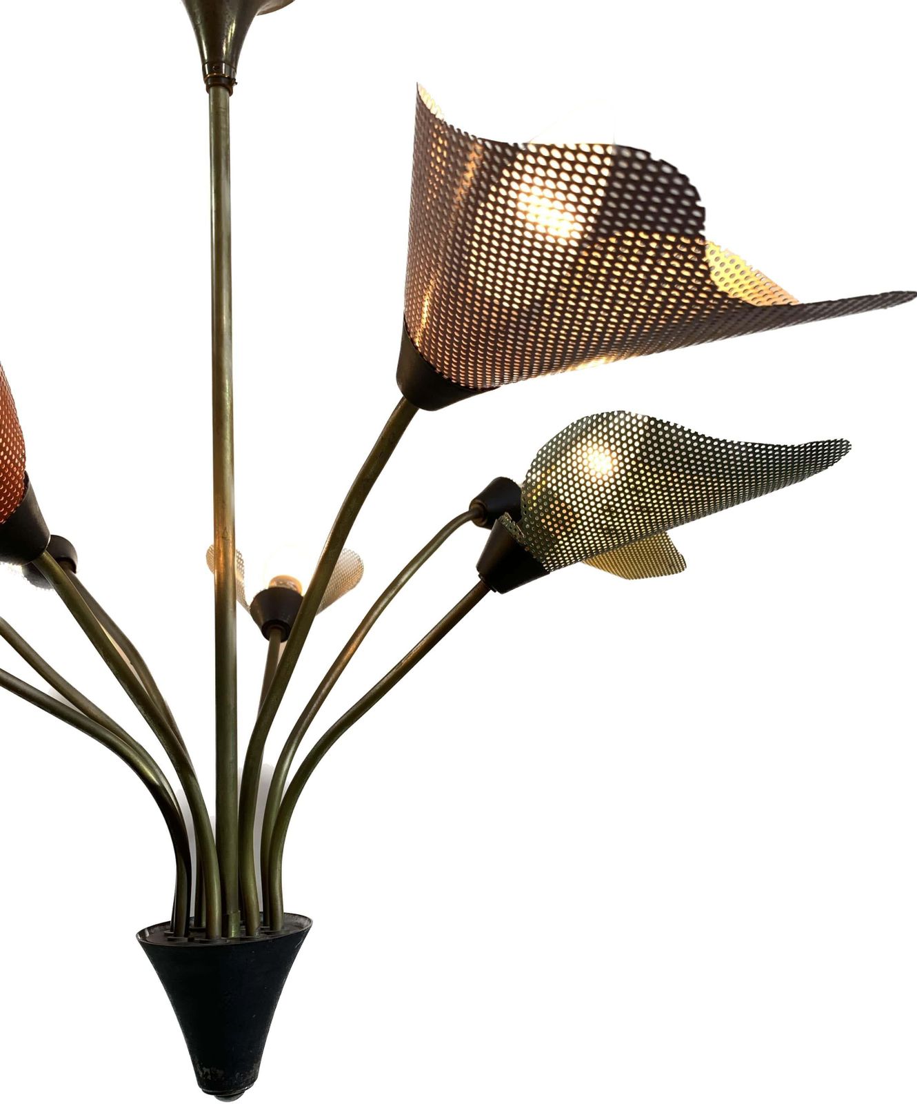 photo vintage Midcentury Bronze European Chandelier With Perforated Metal Tulips