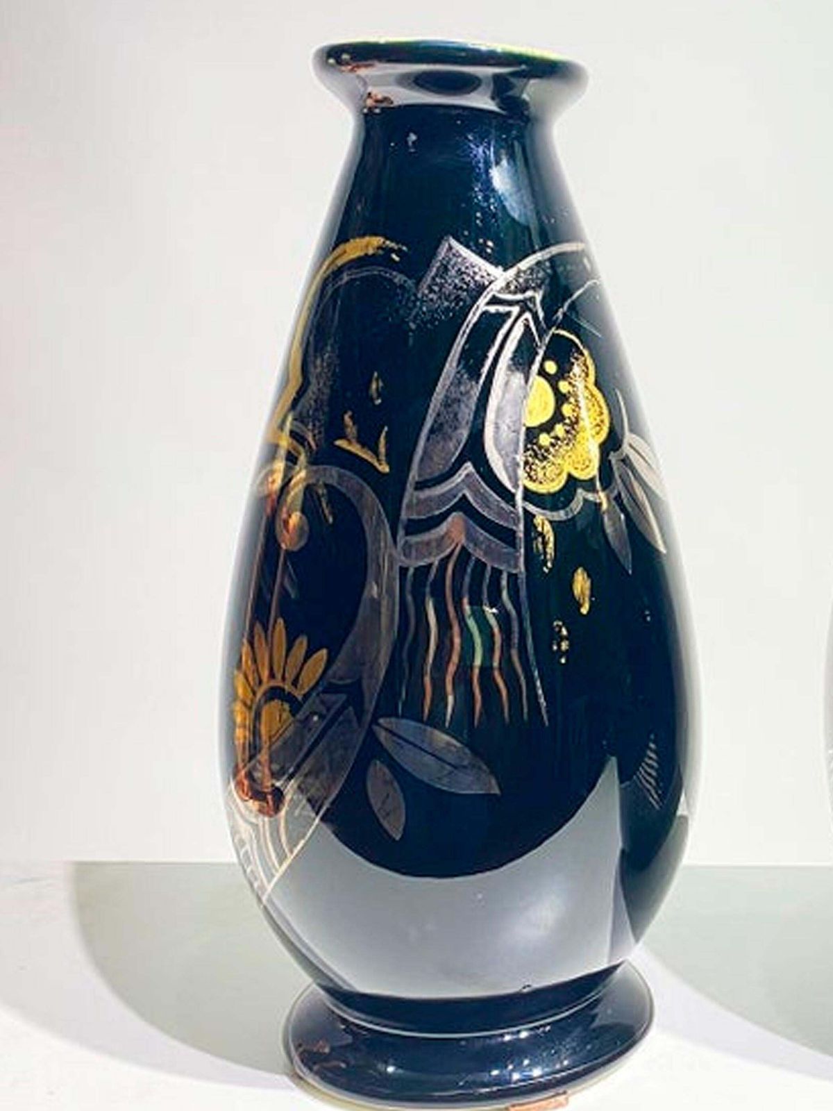 Pair Of Art Deco Ceramic Vases Black Silver And Gold Boch Frères, Belgium, 1931 photo vintage