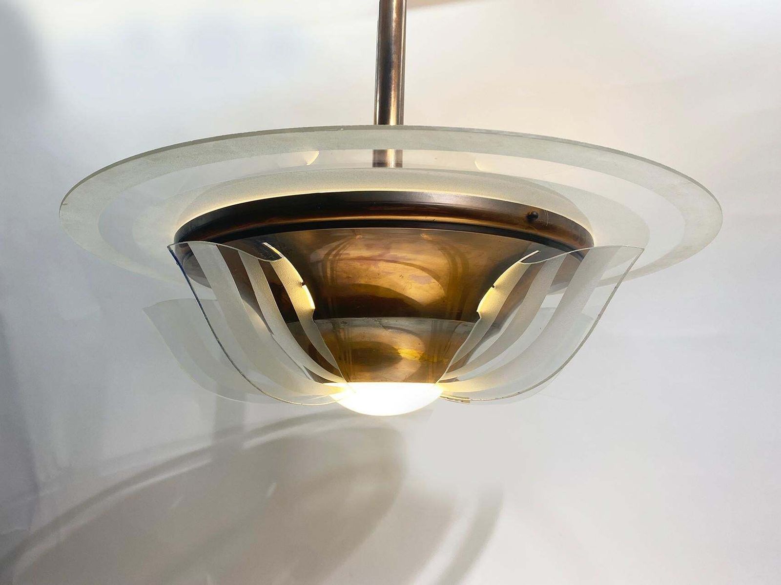 1930s French Art Deco Modernist Brass And Glass Chandelier By Petitot photo for sale