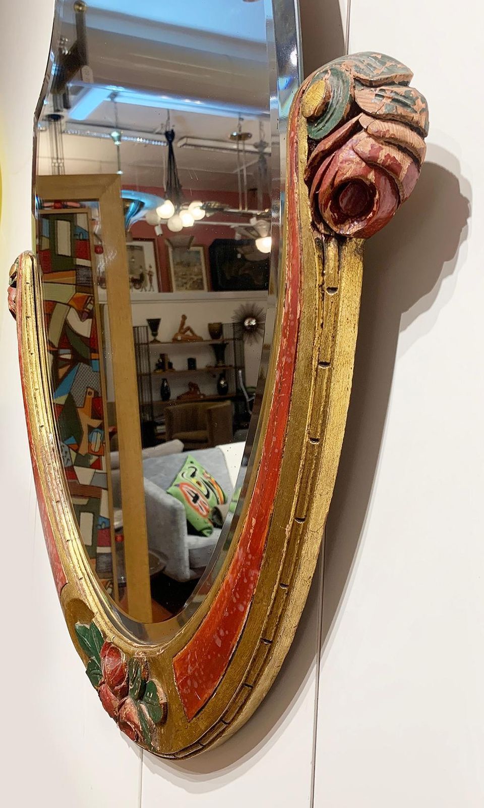Hand Carved Art Nouveau Wood And Beveled Mirror photo vinterior