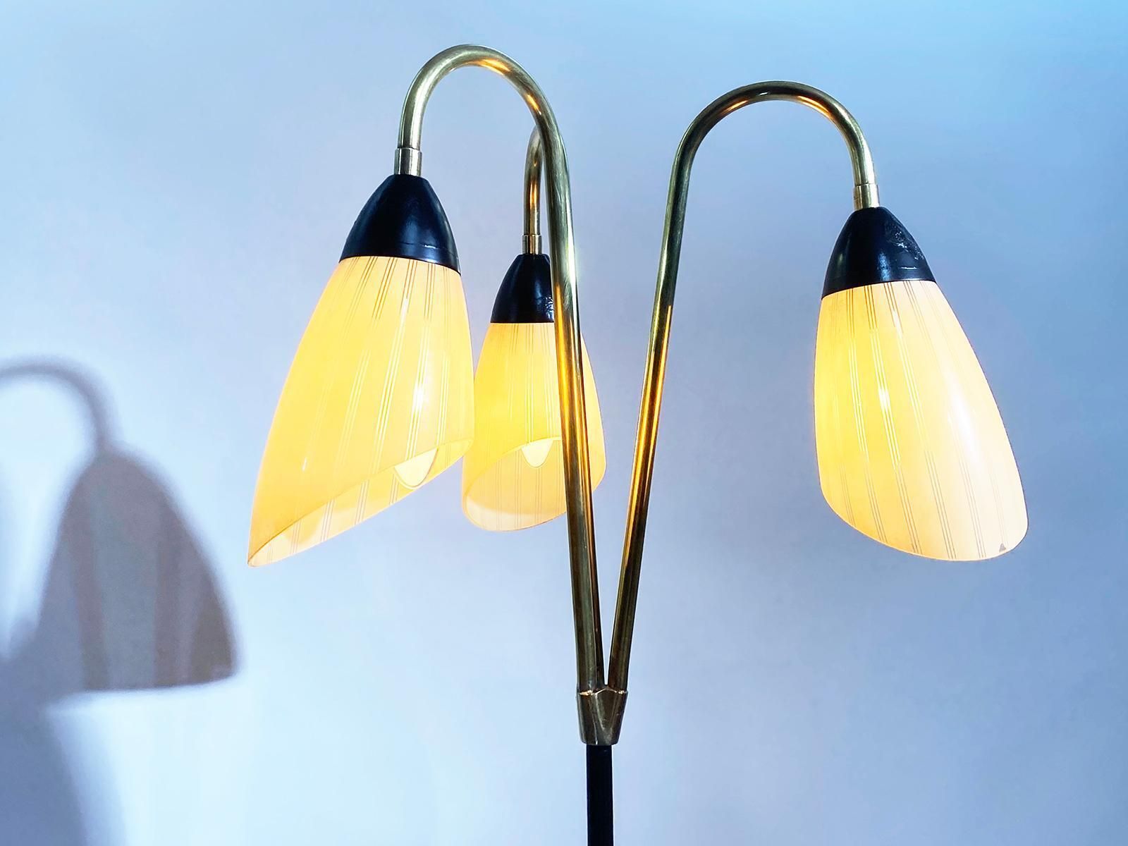 French Brass And Black Metal Floor Lamp With 3 Glass Lights, 1950s photo Lighting