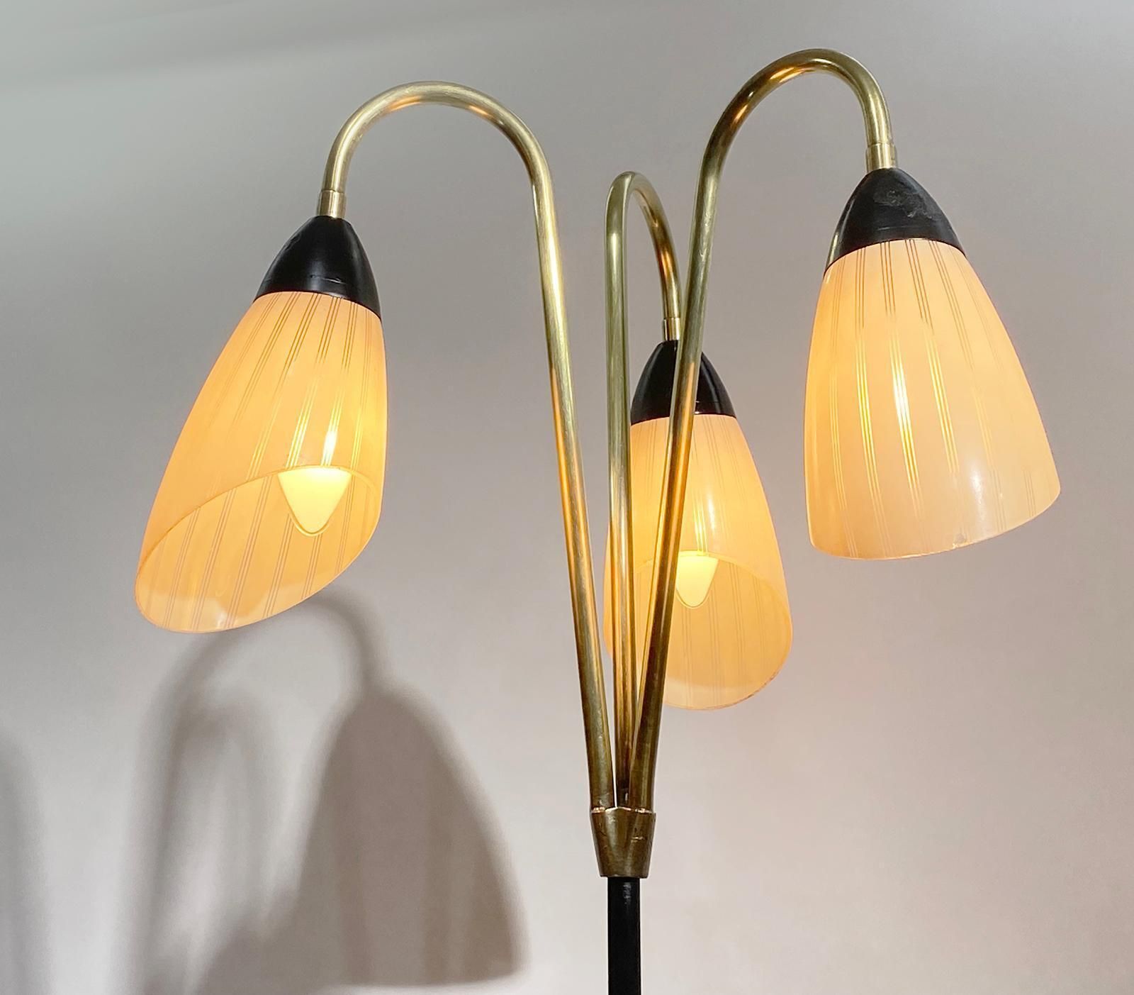 French Brass And Black Metal Floor Lamp With 3 Glass Lights, 1950s photo vinterior