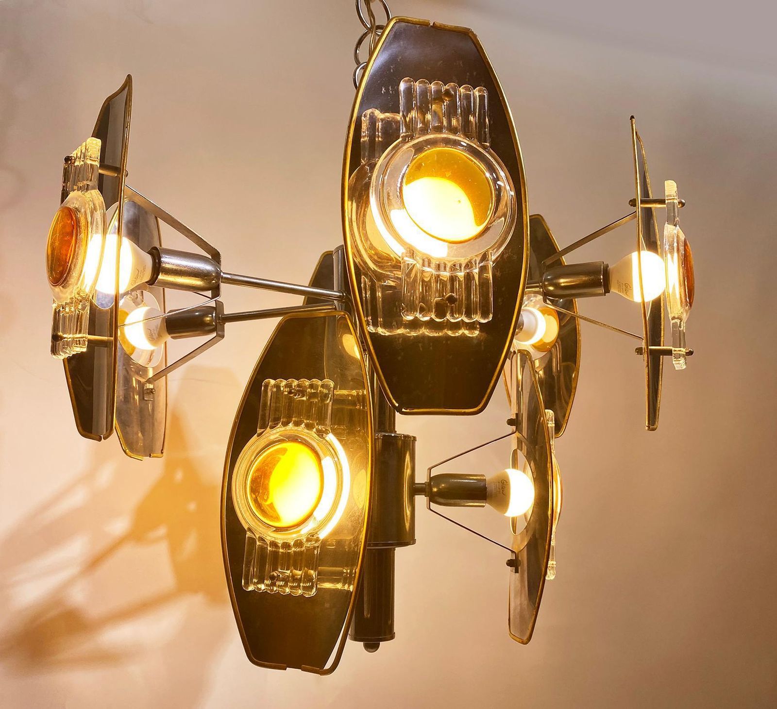 photo buy Oscar Torlasco Impressive Chrome And Glass Lens Chandelier, Italy, 1960
