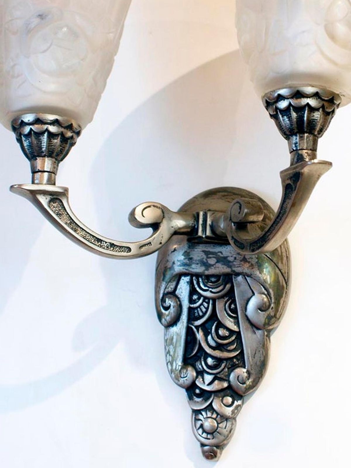 Elegant Pair Of Double Light Art Deco Wall Sconces Signed "Degué", France, 1935 photo Lighting