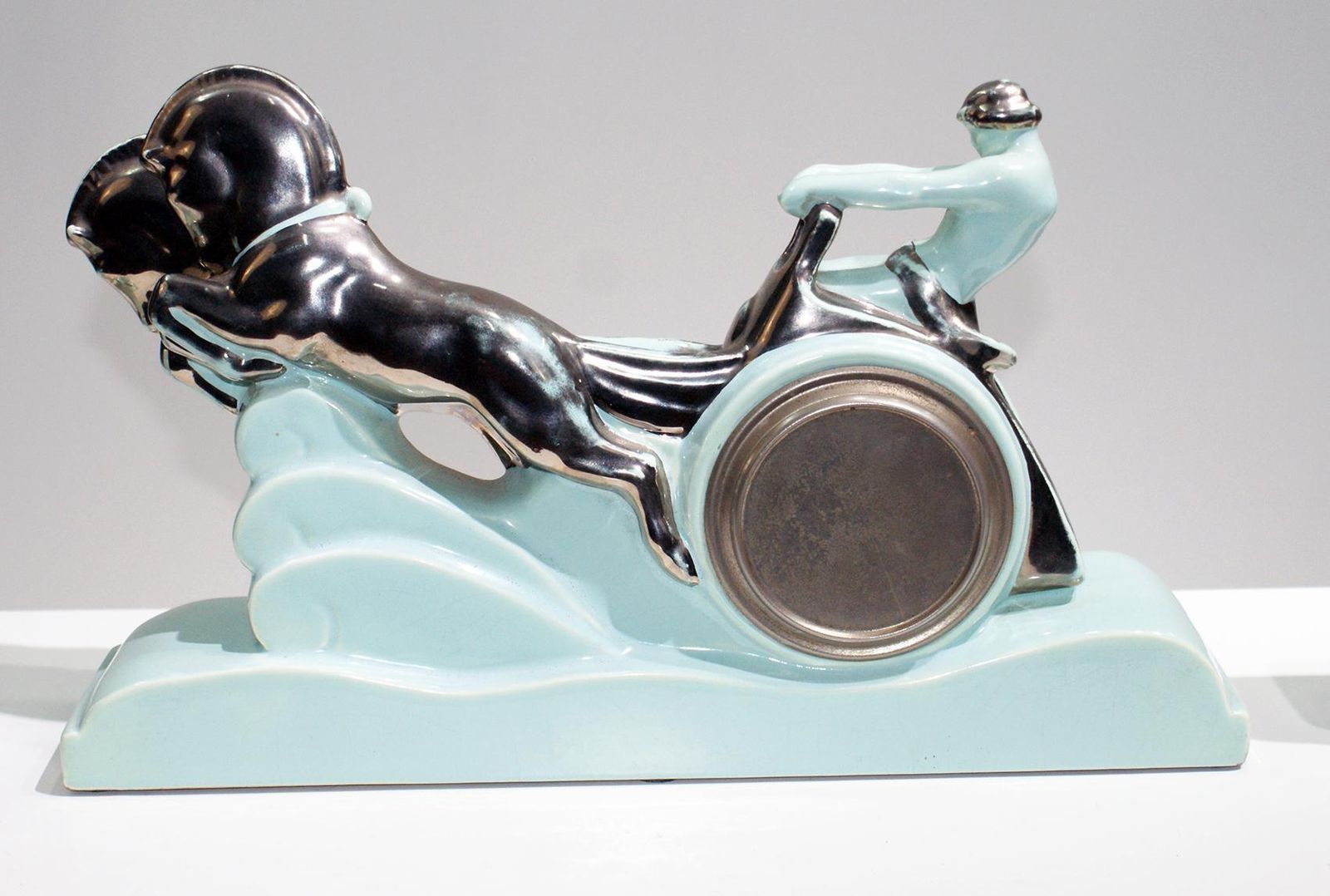 Stunning Art Deco Enamel Ceramic Sculpture “Ben Hur Horse Racing Chariot" photo vintage