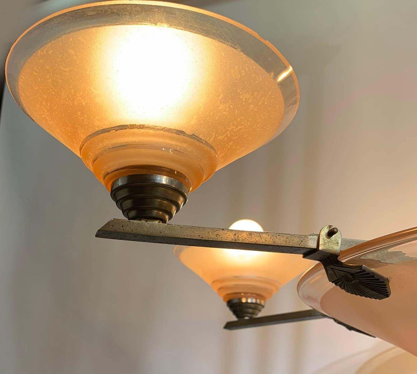 French Pink Art Deco Chandelier By H.Petitot Circa 1935 photo Lighting