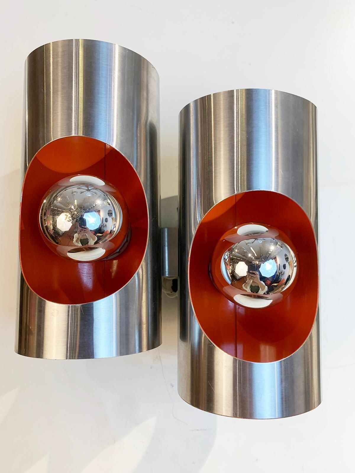 Pair Of Vintage Stainless Steel Sconces, Circa 1970 photo vintage