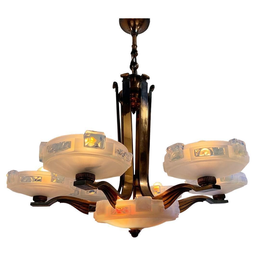 Art Deco Chandelier By Ezan With French Opalescent Glass & Copper Circa 1930