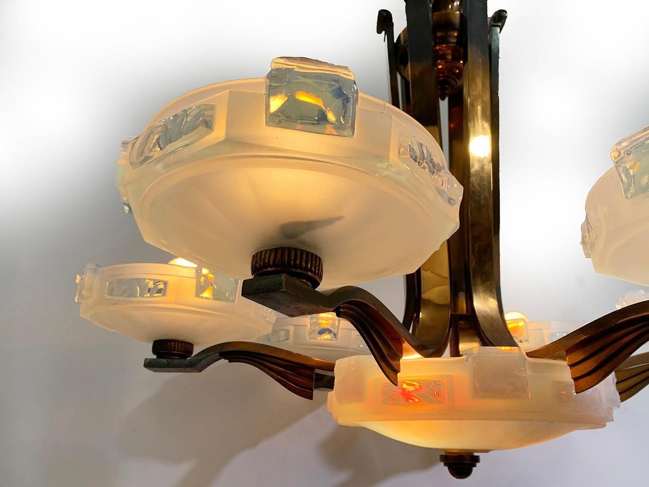 Art Deco Chandelier By Ezan With French Opalescent Glass & Copper Circa 1930 photo Lighting