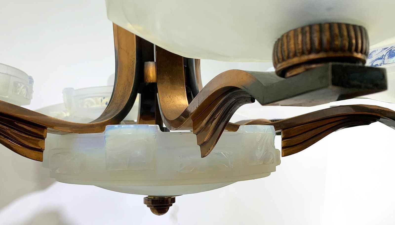 photo furniture Art Deco Chandelier By Ezan With French Opalescent Glass & Copper Circa 1930