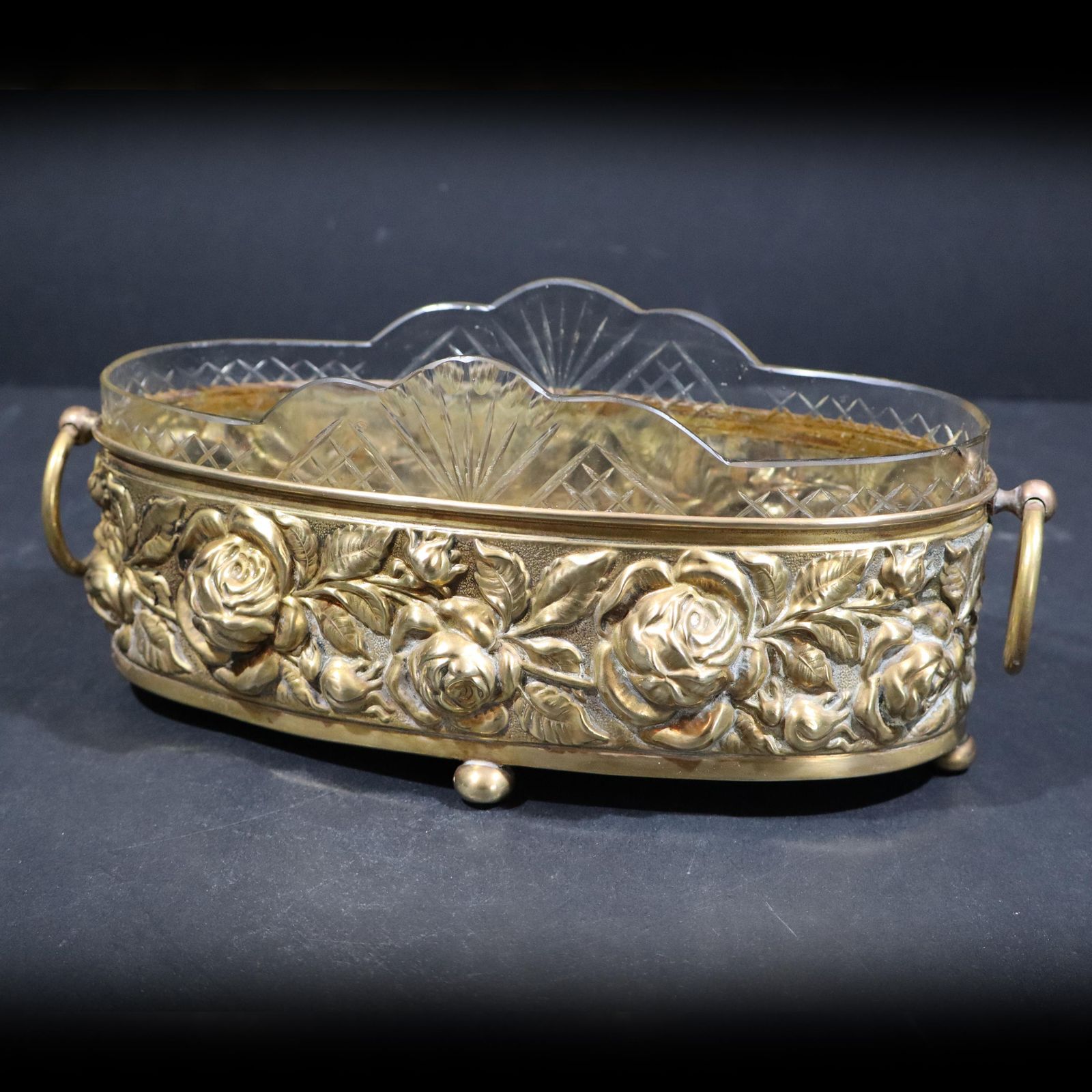 Antique French Brass & Crystal Jardiniere   Elegant Centerpiece Fruit Bowl photo Home Decor