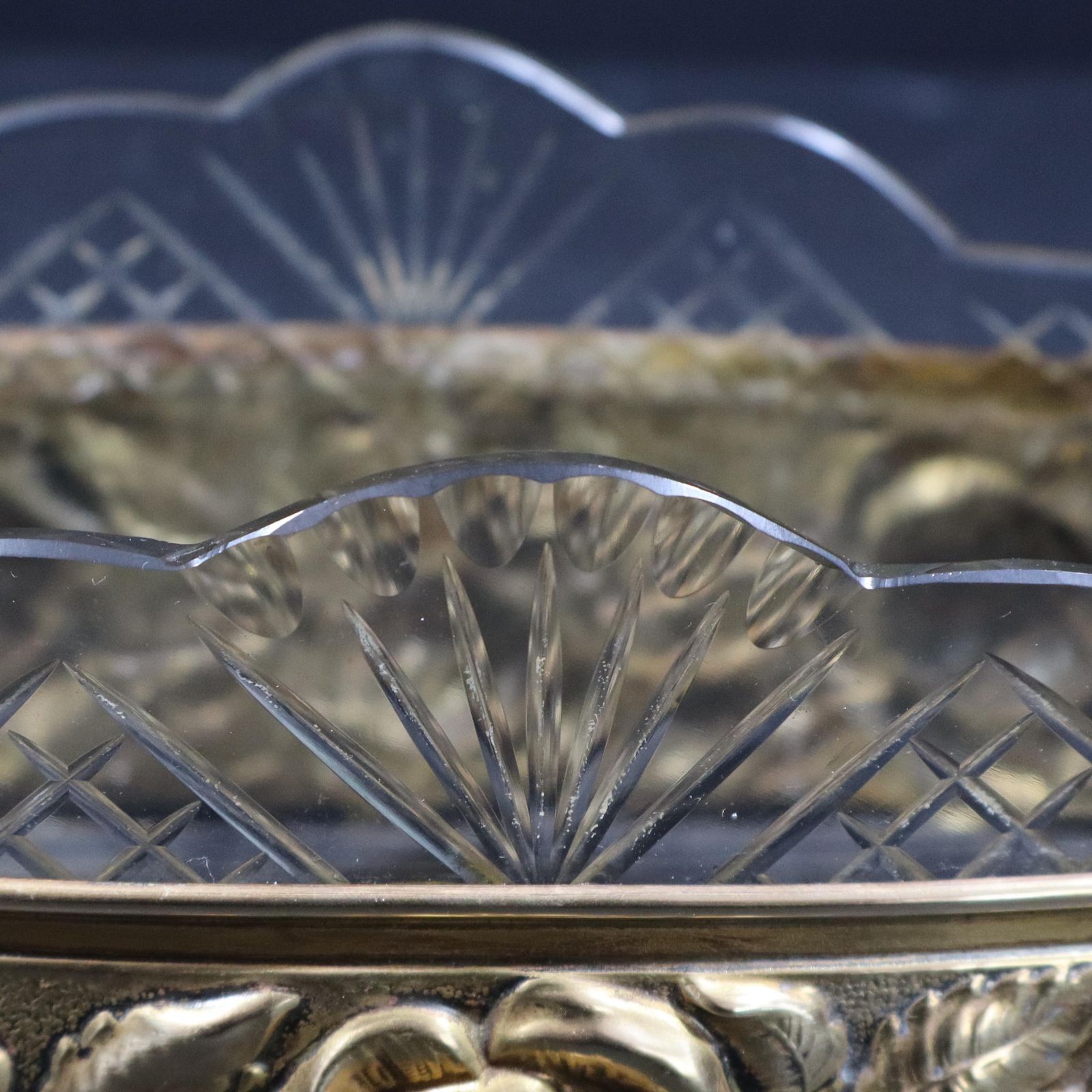 Antique French Brass & Crystal Jardiniere   Elegant Centerpiece Fruit Bowl photo vintage