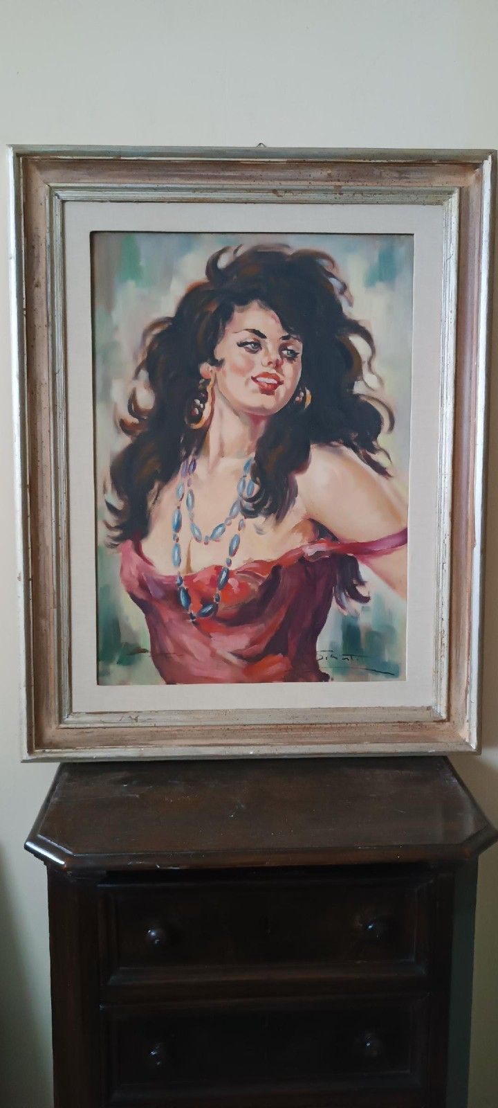 Oil Painting On Canvas 70s Signed Girl Portrait photo furniture