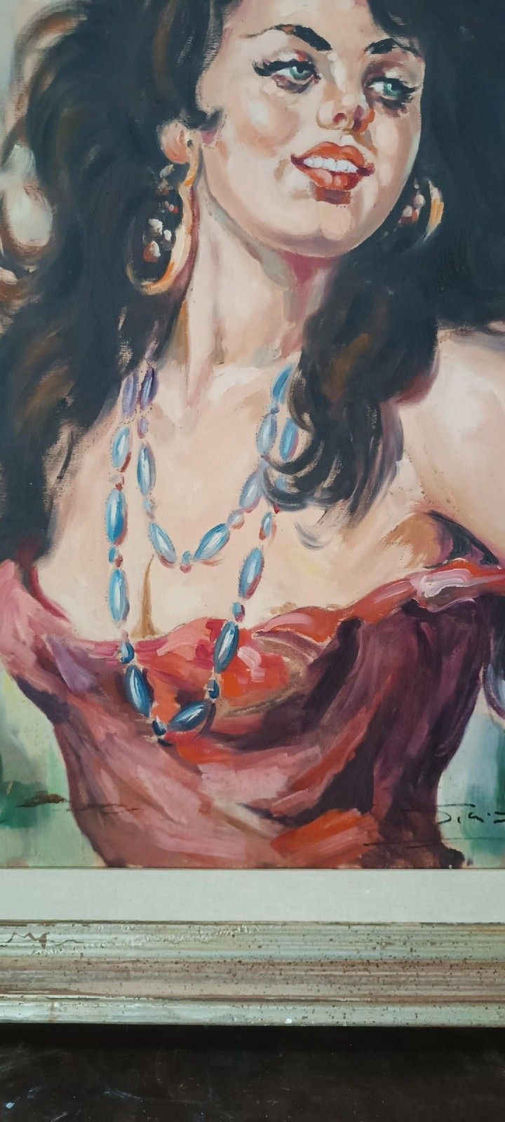 Oil Painting On Canvas 70s Signed Girl Portrait photo vintage