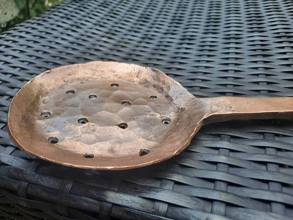 Antique French Copper Ladle: Hand Forged Colander Skimmer, 1800s Cookware photo 126.0
