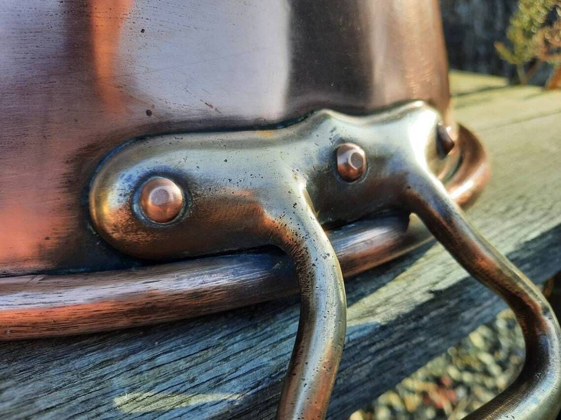 Antique Copper Jam Pan: French Confiture Bowl, Bronze Handles (32cm) photo Home Decor