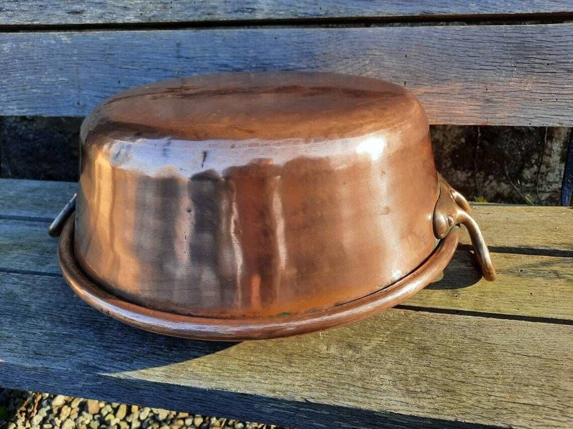 photo for sale Antique Copper Jam Pan: French Confiture Bowl, Bronze Handles (32cm)