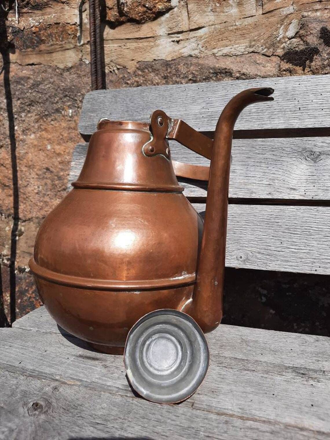 photo furniture Antique French Copper Kettle: Tall Artisan Teapot, Villedieu Stamped