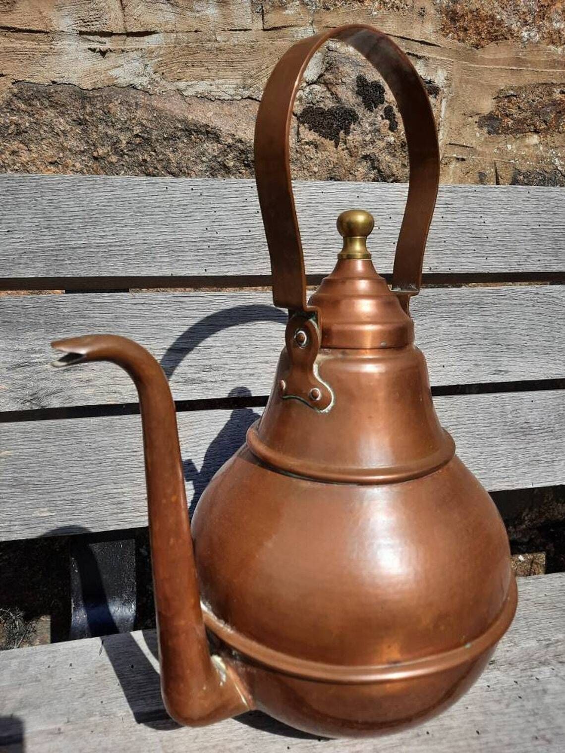 photo for sale Antique French Copper Kettle: Tall Artisan Teapot, Villedieu Stamped