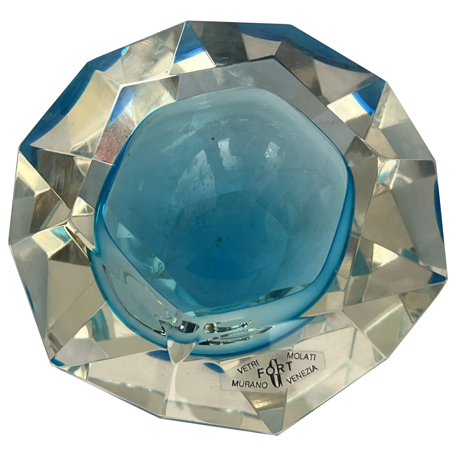 Vintage Gino Fort Vetri Molati Murano Faceted Sommerso “Geode” Bowl — Aqua Blue In Clear, C. 1960s