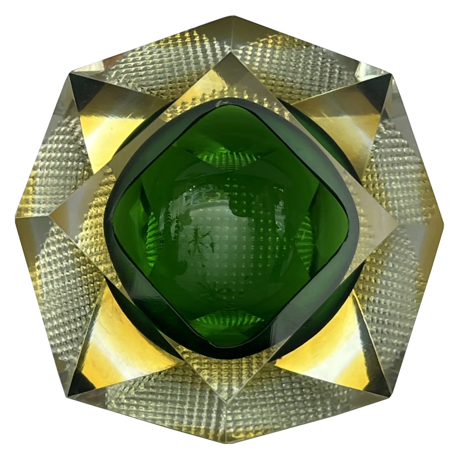 Vintage Murano Faceted Sommerso “Geode” Bowl — Emerald Green & Amber, Mandruzzato Style