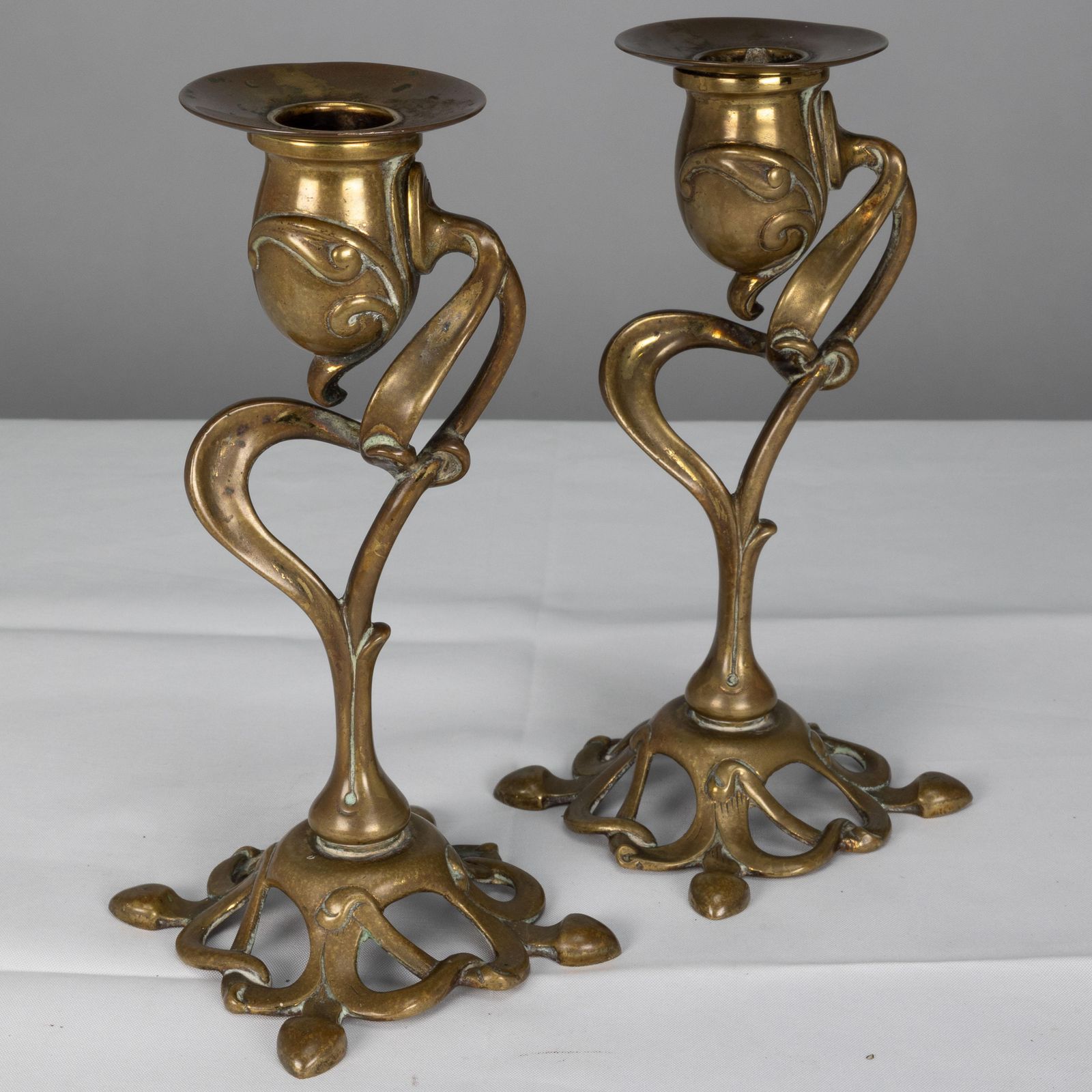 A Pair Of English Art Nouveau Candlesticks With Flowing Organic Decor photo Home Decor