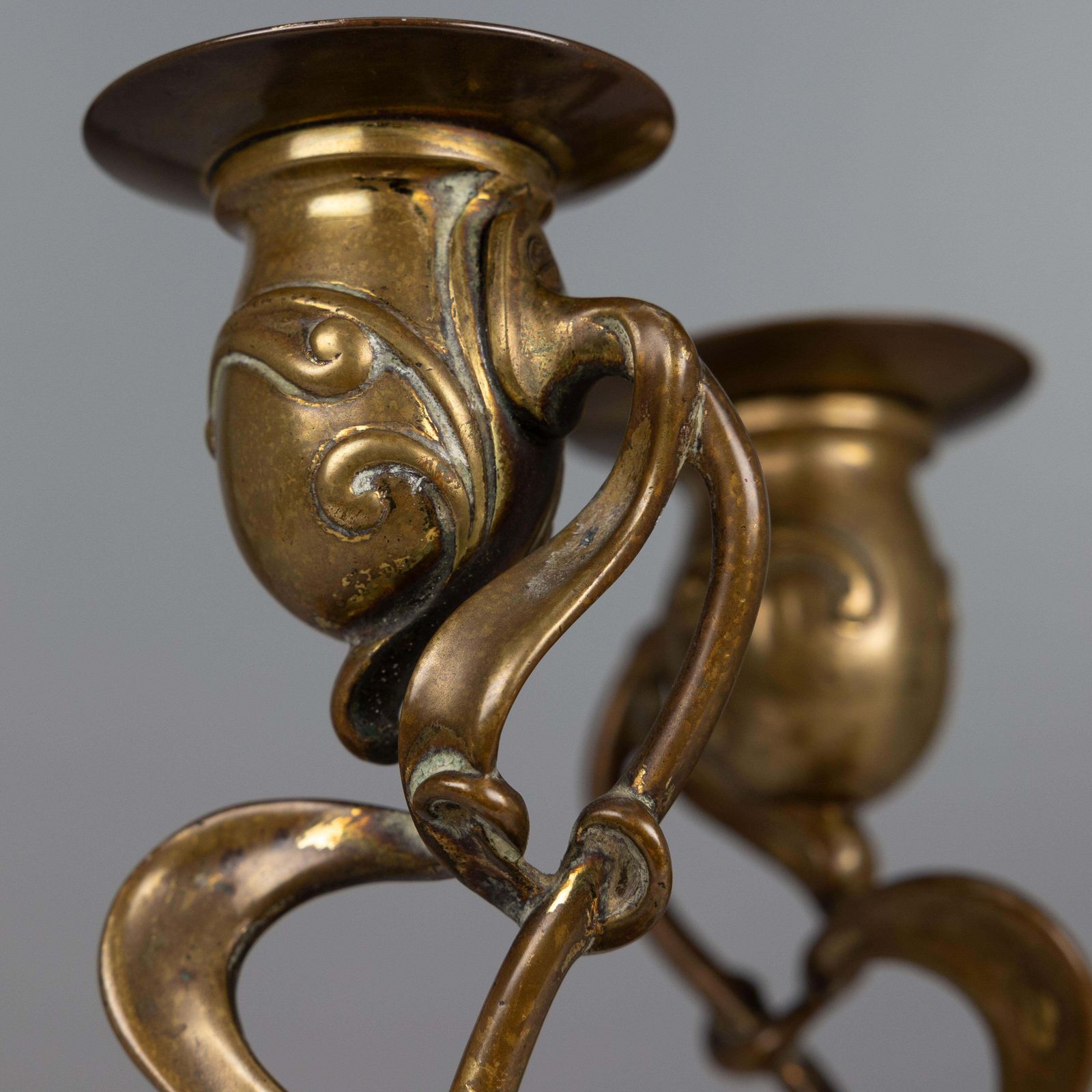 photo for sale A Pair Of English Art Nouveau Candlesticks With Flowing Organic Decor