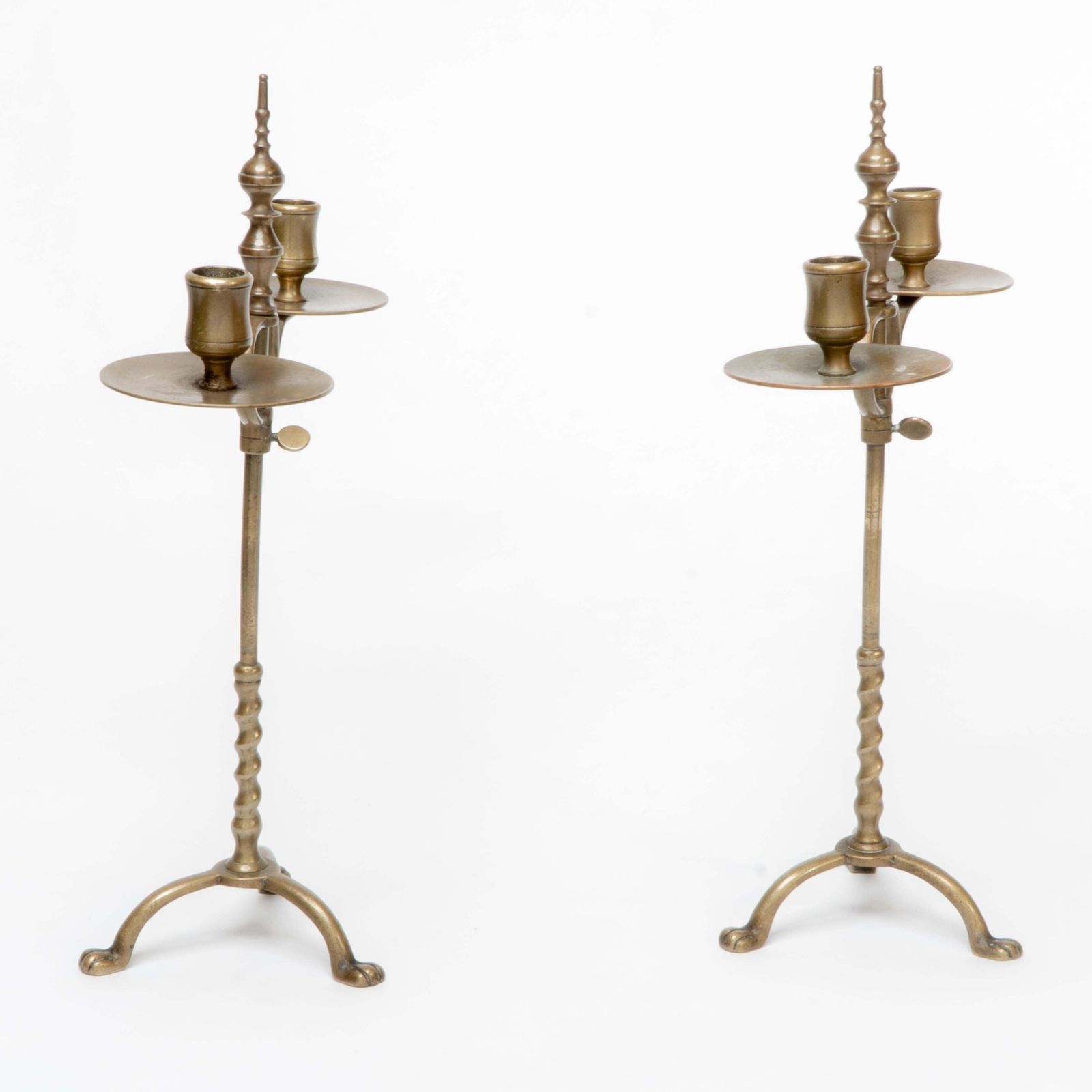 A Pair Of Arts And Crafts Brass Twin Branch Candelabras With Adjustable Height photo for sale