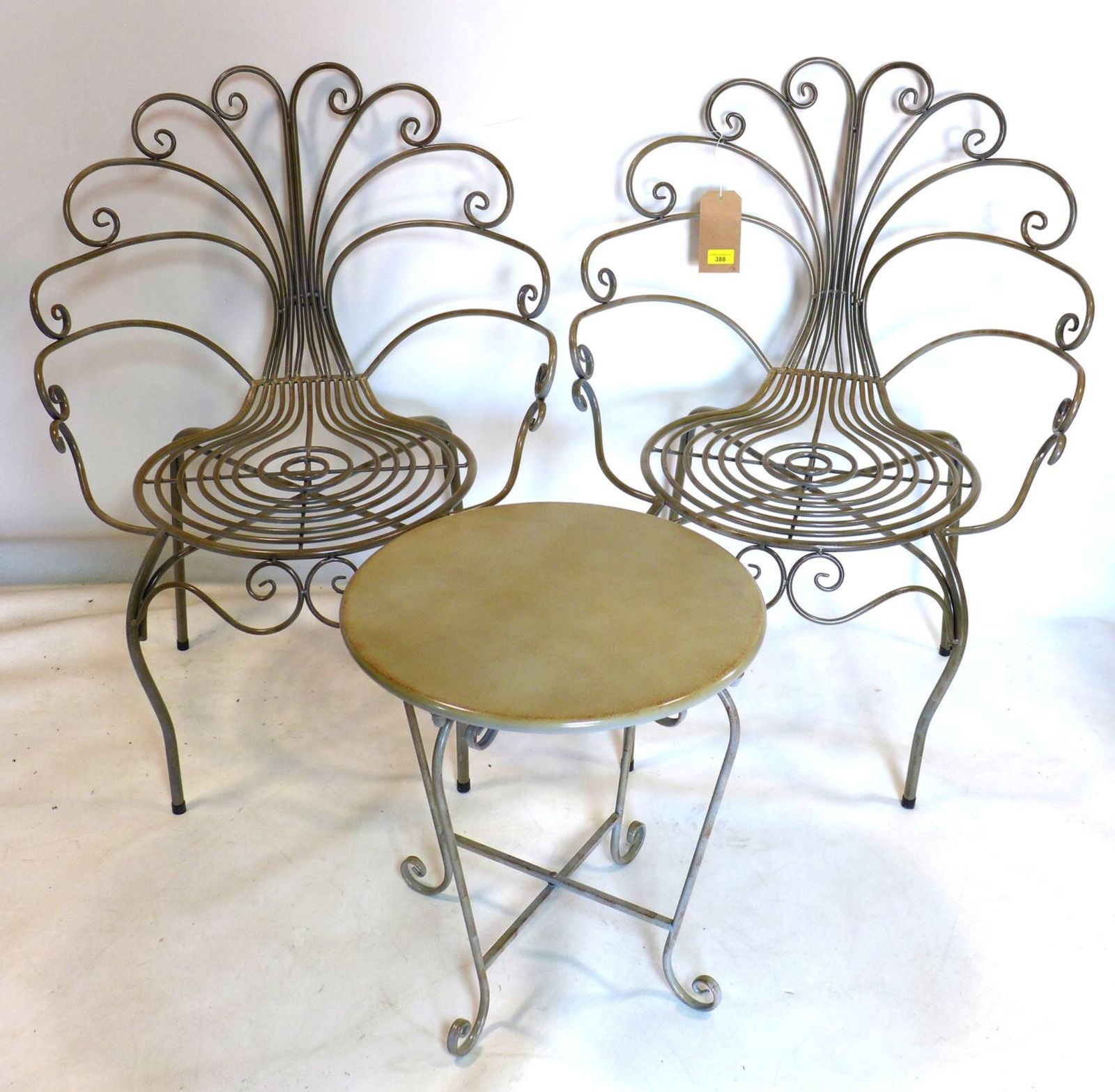 A Pair Of Dorothy Draper Style Metal Peacock Patio Chairs With Metal Side Table 1970’s