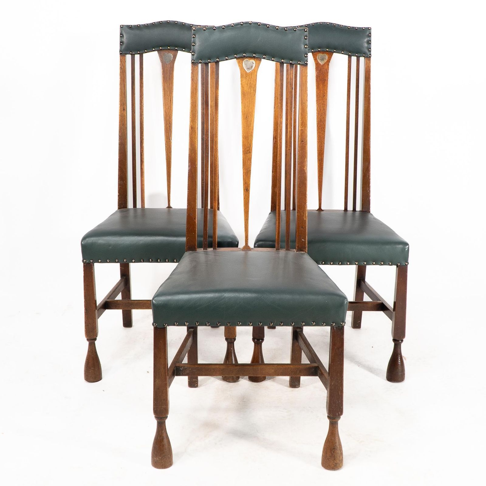 Liberty & Co. Attr. Set Of 3 Dining Chairs With Voysey Style Inlaid Pewter Heart photo for sale
