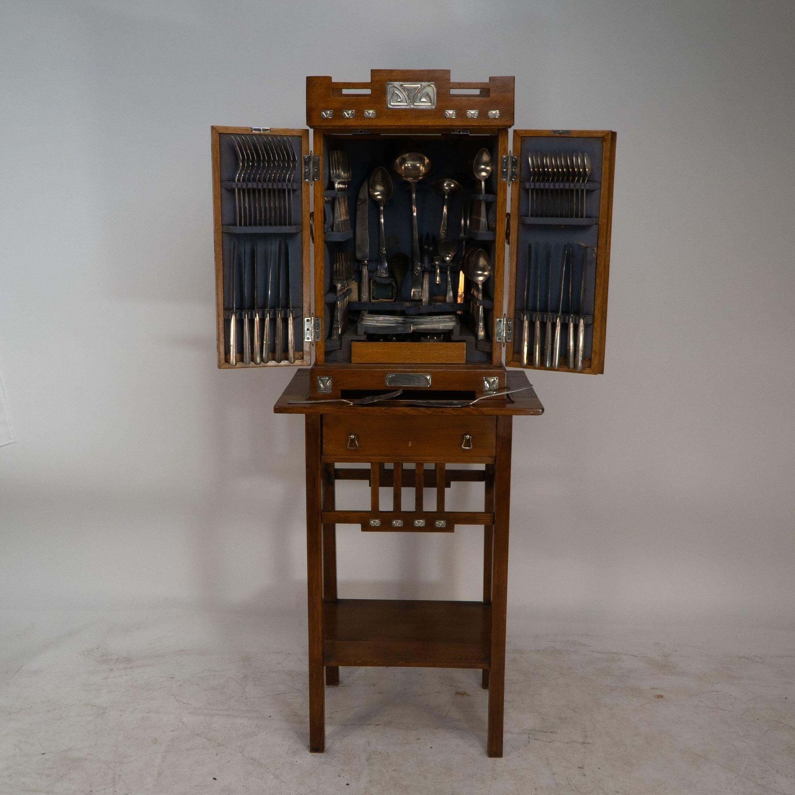 Wmf. A 12 Person Cutlery Service In Original Stylized Secessionist Oak Cabinet photo furniture