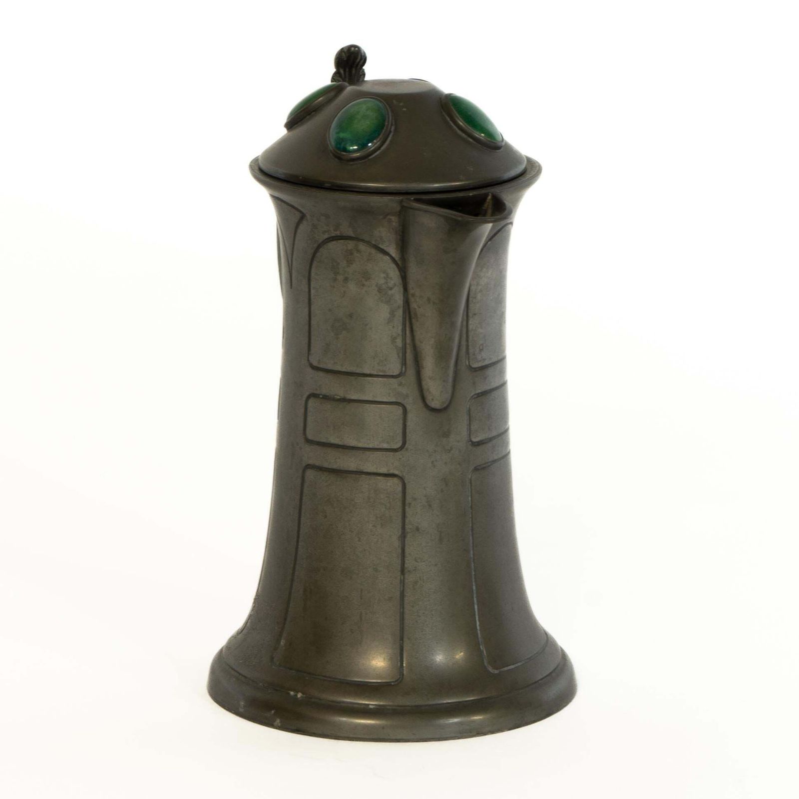 William Hutton. An Arts And Crafts Pewter Jug With Four Bullseye Ruskin Jewels photo for sale