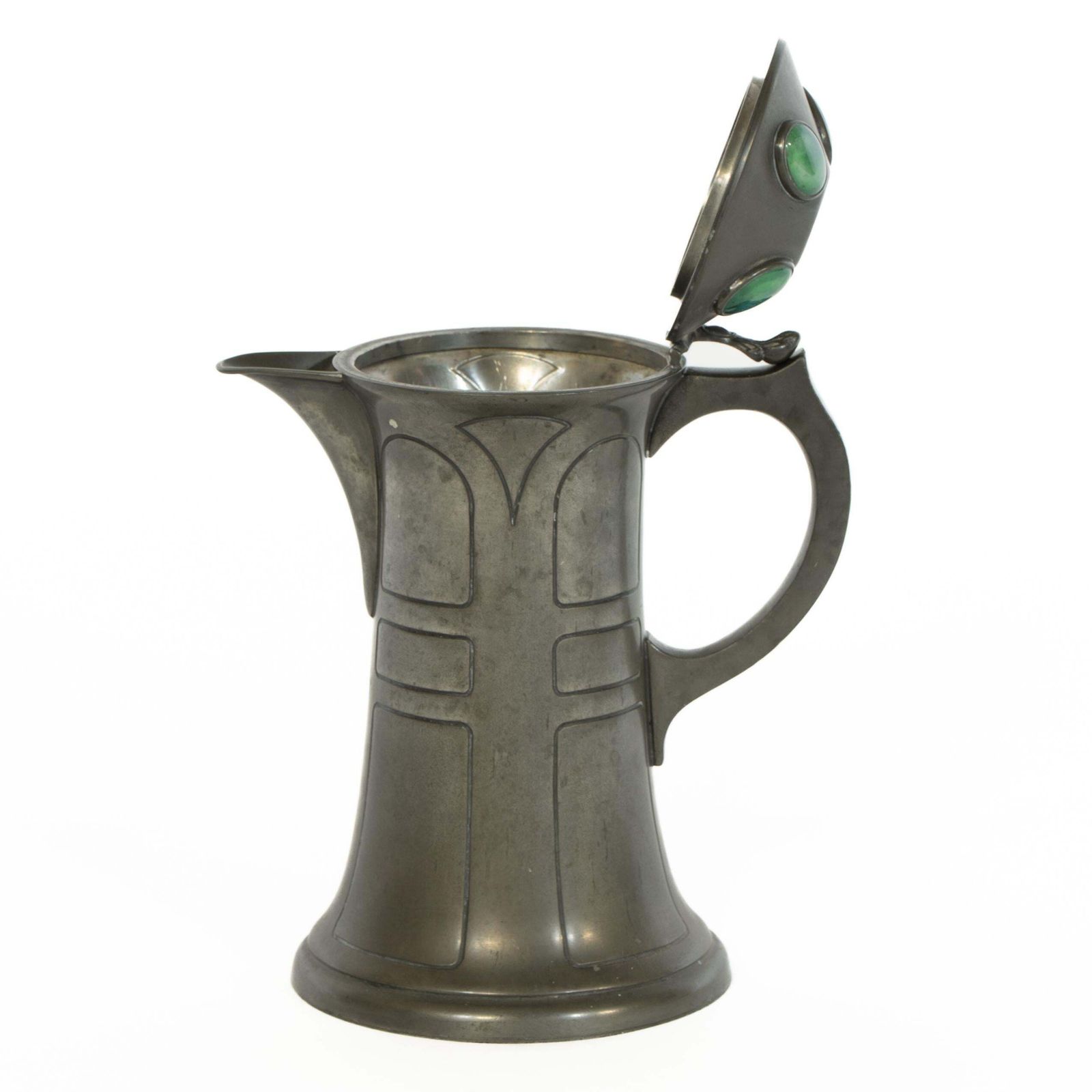 photo for sale William Hutton. An Arts And Crafts Pewter Jug With Four Bullseye Ruskin Jewels