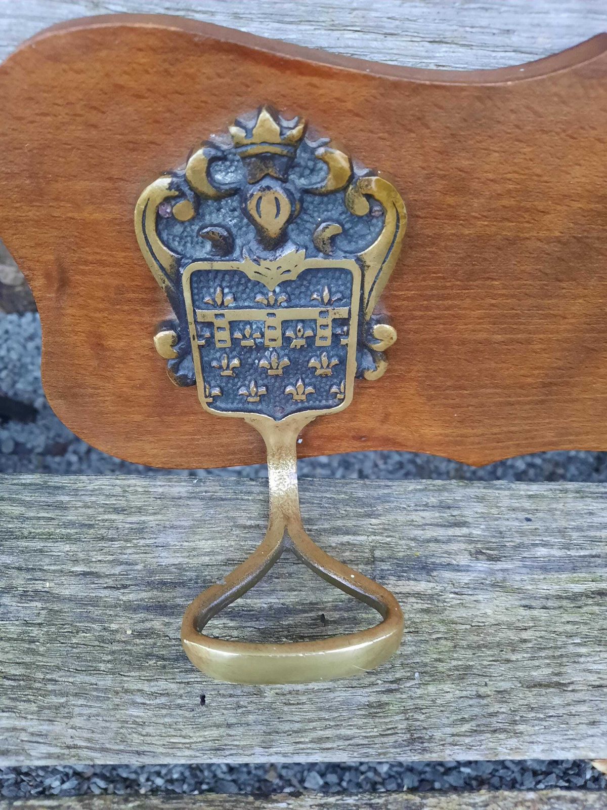 photo furniture Vintage French Chateau Coat Hook Hanger: Armorial Brass & Wood