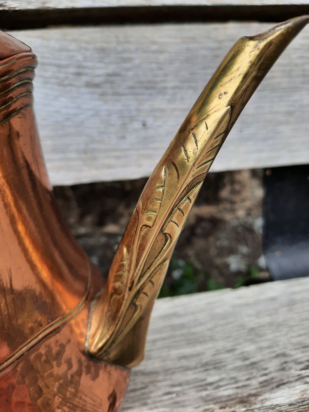 Art Nouveau Copper Coffee Pot: French Tripod Kettle, Cane Handle photo furniture
