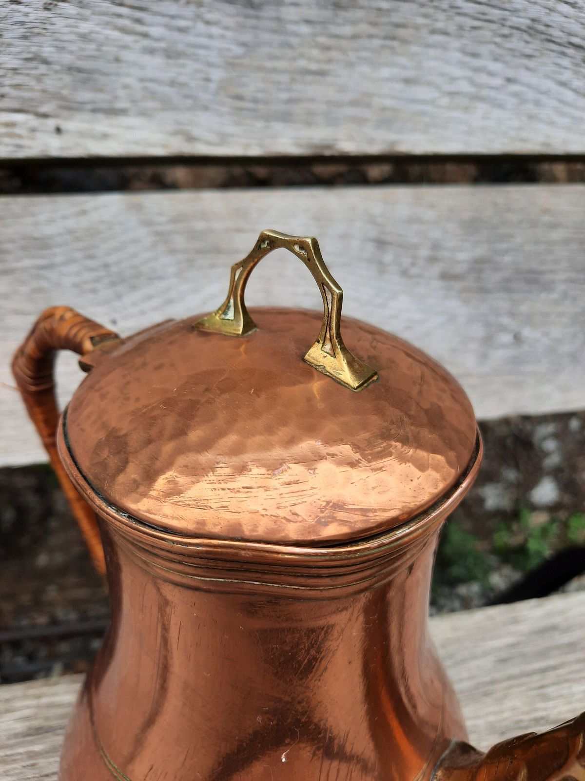 Art Nouveau Copper Coffee Pot: French Tripod Kettle, Cane Handle photo 160.0