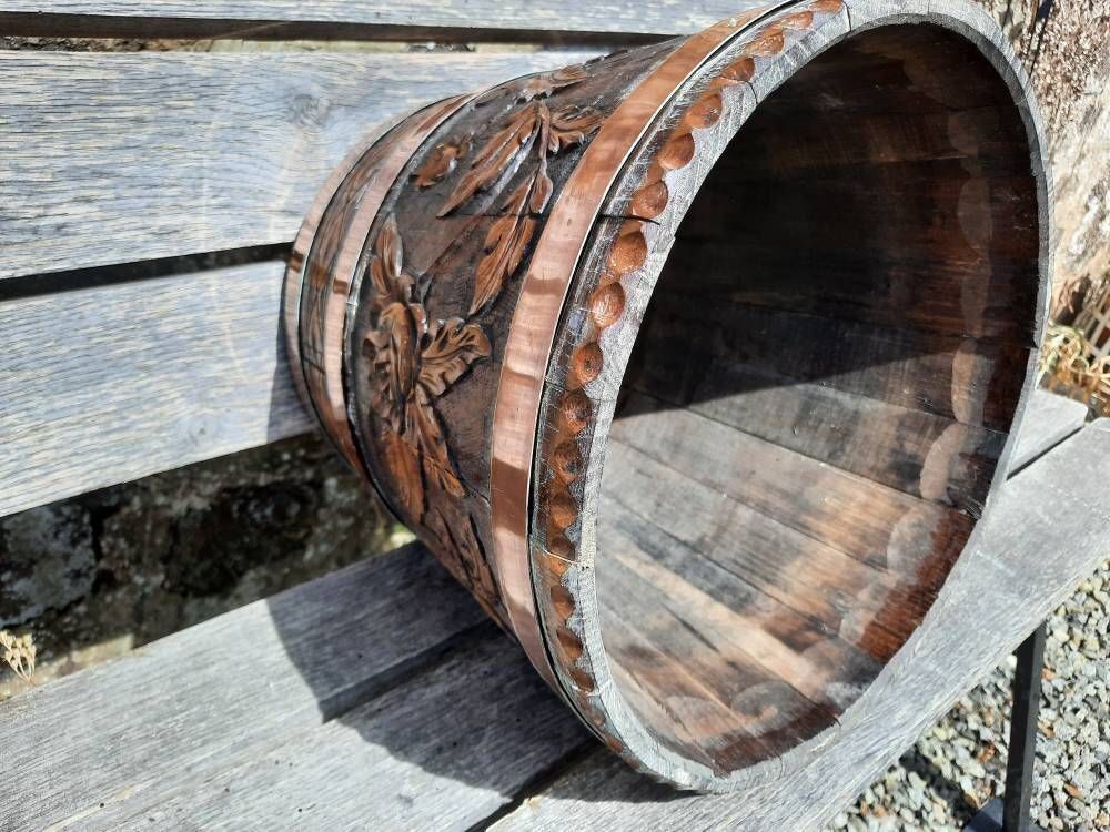 Vintage Oak & Copper Plant Pot: Carved Wood Jardiniere photo Home Decor