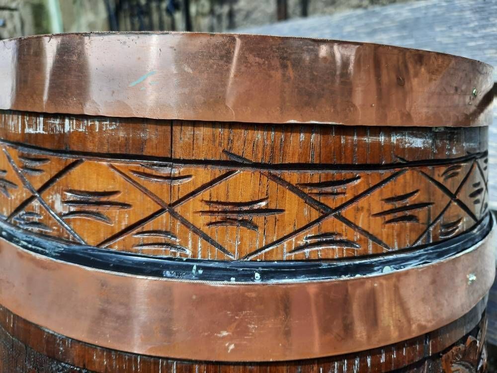 Vintage Oak & Copper Plant Pot: Carved Wood Jardiniere photo buy