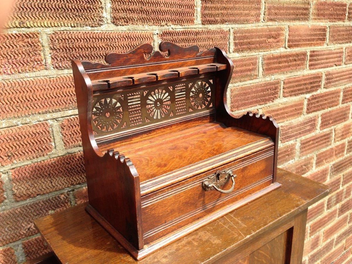 Aesthetic Movement Oak Pipe Rack With A Japanese Style Brass Fretwork Backplate photo Furniture