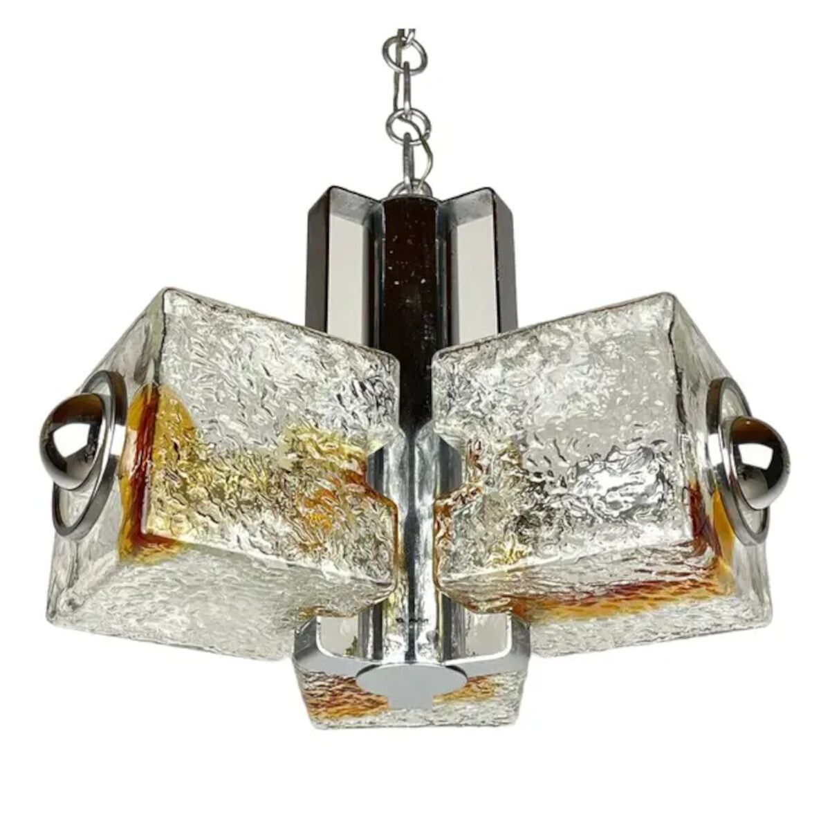 Toni Zuccheri For Venini – Murano Glass & Chrome Space Age Chandelier (C. 1970s)