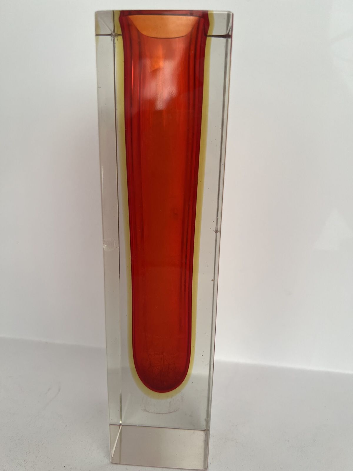 Murano Sommerso Red, Amber And Clear Faceted Glass Block Vase photo Home Decor