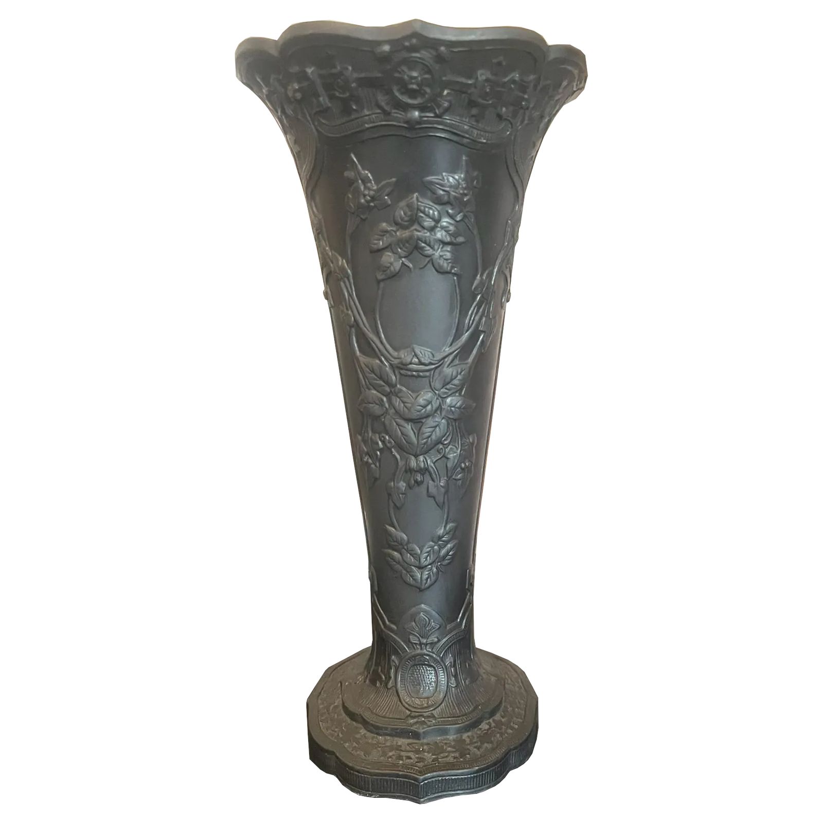19th Century Wedgwood Black Basalt Trumpet Vase – Floral & Vine Relief