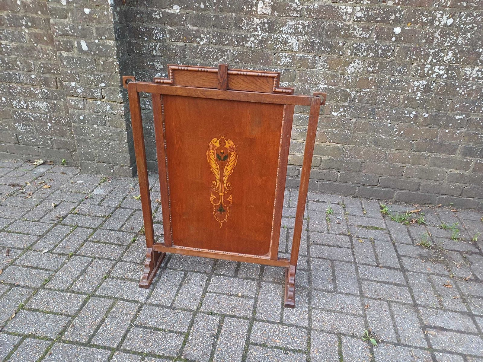 Rare Antique Arts & Crafts Fire Screen With Art Deco Frame Art Nouveau Inlaid Panel – Unique Bespoke Decorative Piece Fireplace Guard
