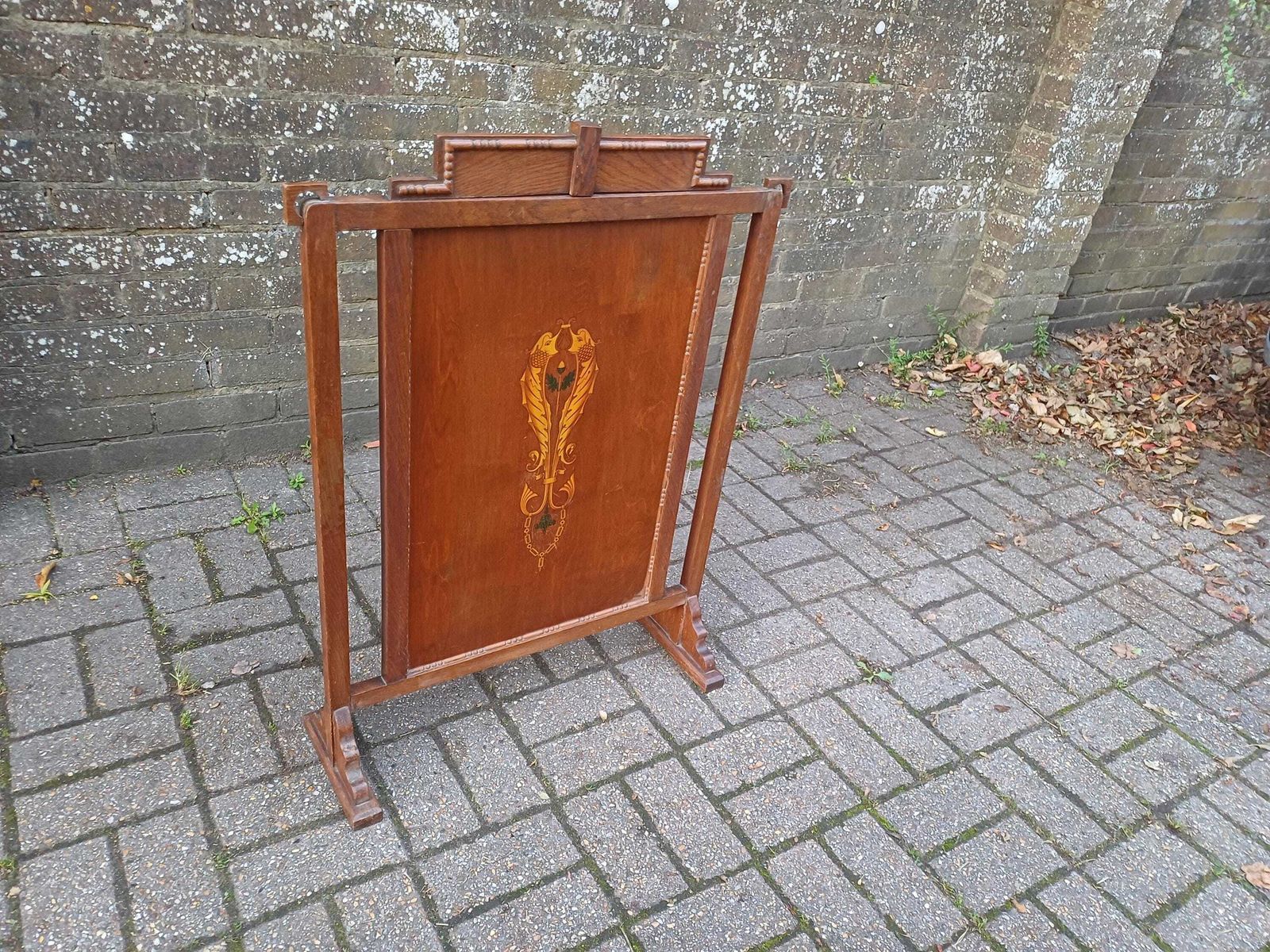 photo furniture Rare Antique Arts & Crafts Fire Screen With Art Deco Frame Art Nouveau Inlaid Panel – Unique Bespoke Decorative Piece Fireplace Guard