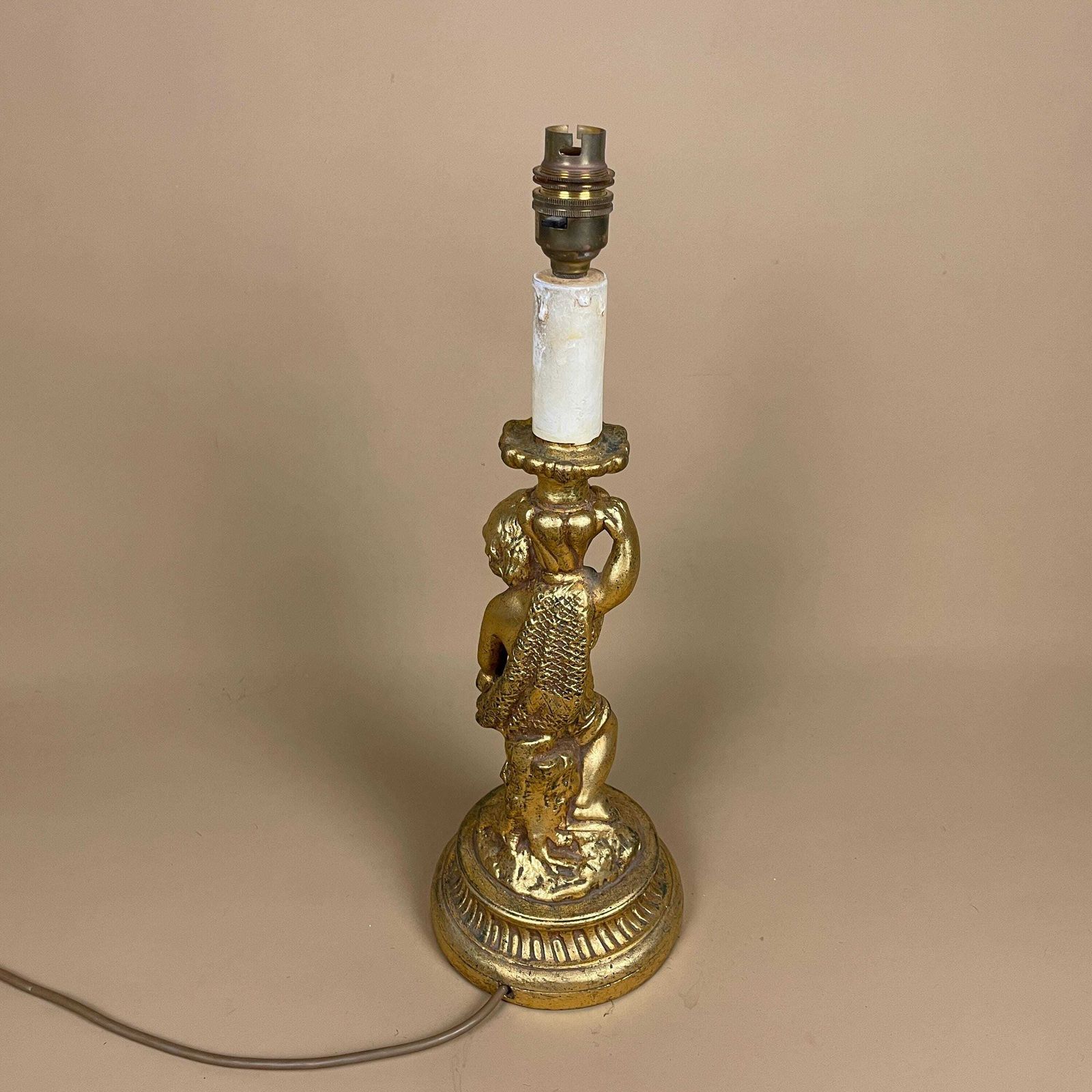 Antique Wood Gold Wooden Lamp Light Bedside Side Table Desk Column Ornate Detail Round Base Cherub Baby Vintage Pattern Patterned Candle Top photo vinterior