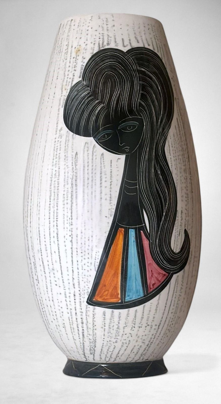 Mid Century Modern Ceramic Vase With Stylized Girl And Geometric Motifs photo Home Decor
