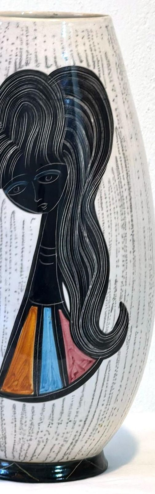 Mid Century Modern Ceramic Vase With Stylized Girl And Geometric Motifs photo vinterior