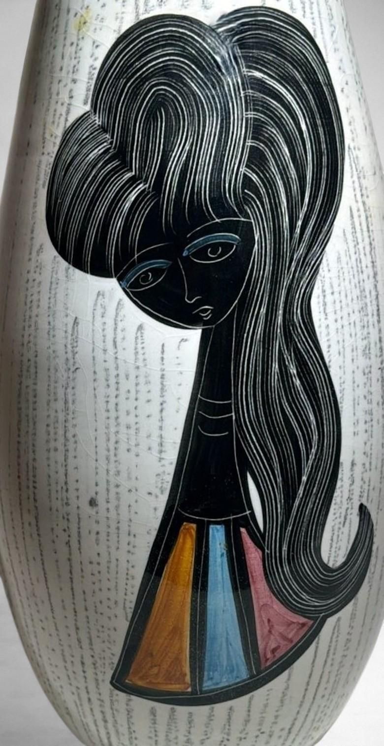 Mid Century Modern Ceramic Vase With Stylized Girl And Geometric Motifs photo buy